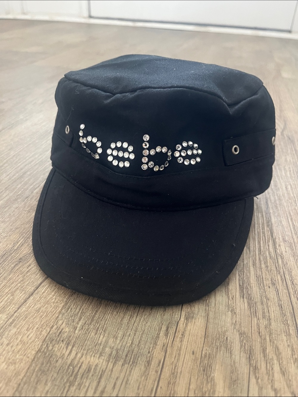 Y2K bebe Black With BEBE Jewels Newsboy Cap Logo Hat military style vintage